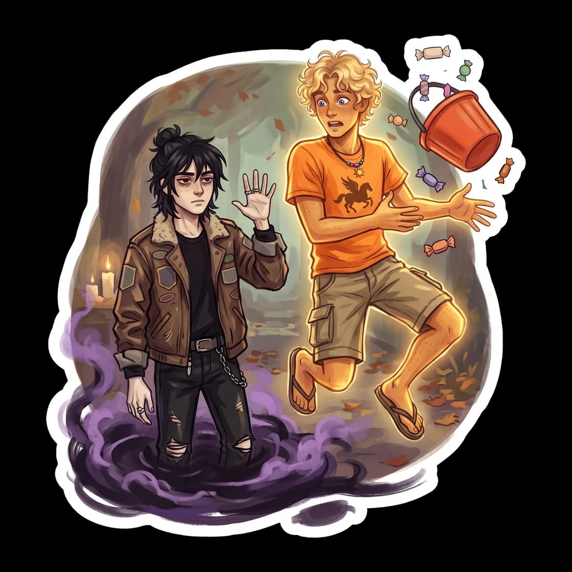Nico steps out of a dark, swirling mass of shadows right behind an unsuspecting camper, delivering a perfectly timed Halloween scare. He flashes a rare, mischievous grin, proving that being a child of