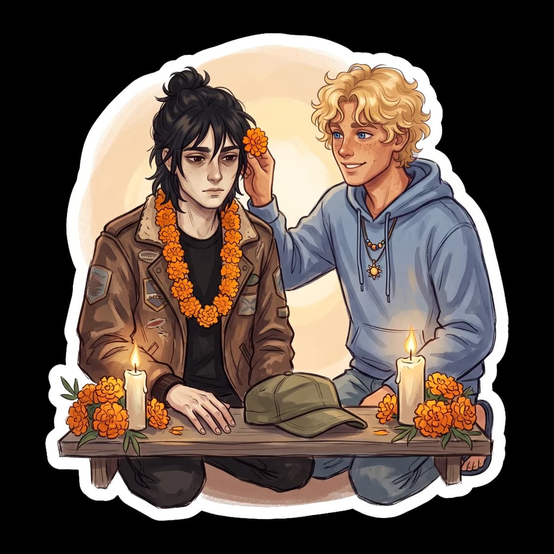 Nico kneels quietly in a patch of vibrant orange marigolds, carefully weaving a small floral crown to remember his sister. The soft, warm light of autumn casts a gentle glow on his face, highlighting 