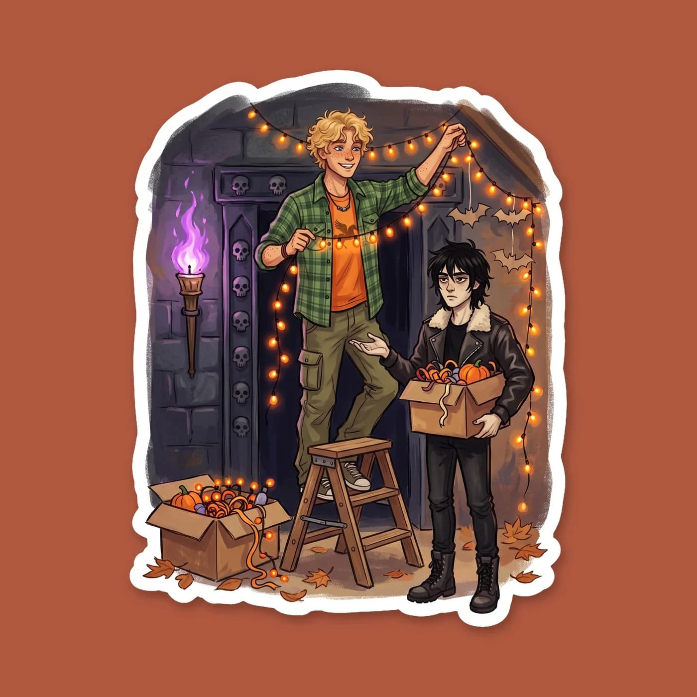 Will climbs a wobbly step stool to string cobwebs and orange lights across the obsidian pillars of cabin thirteen. Nico watches from the doorway with his arms crossed, secretly enjoying the effort his, view 2