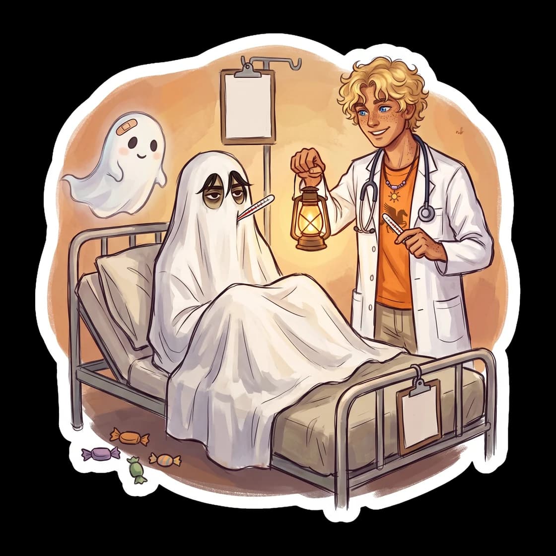 Will wears his standard medic scrubs, looking thoroughly exhausted as a few fake bats and hanging ghosts dangle from the ceiling of the camp infirmary. Even on Halloween, the dedicated healer is hard 