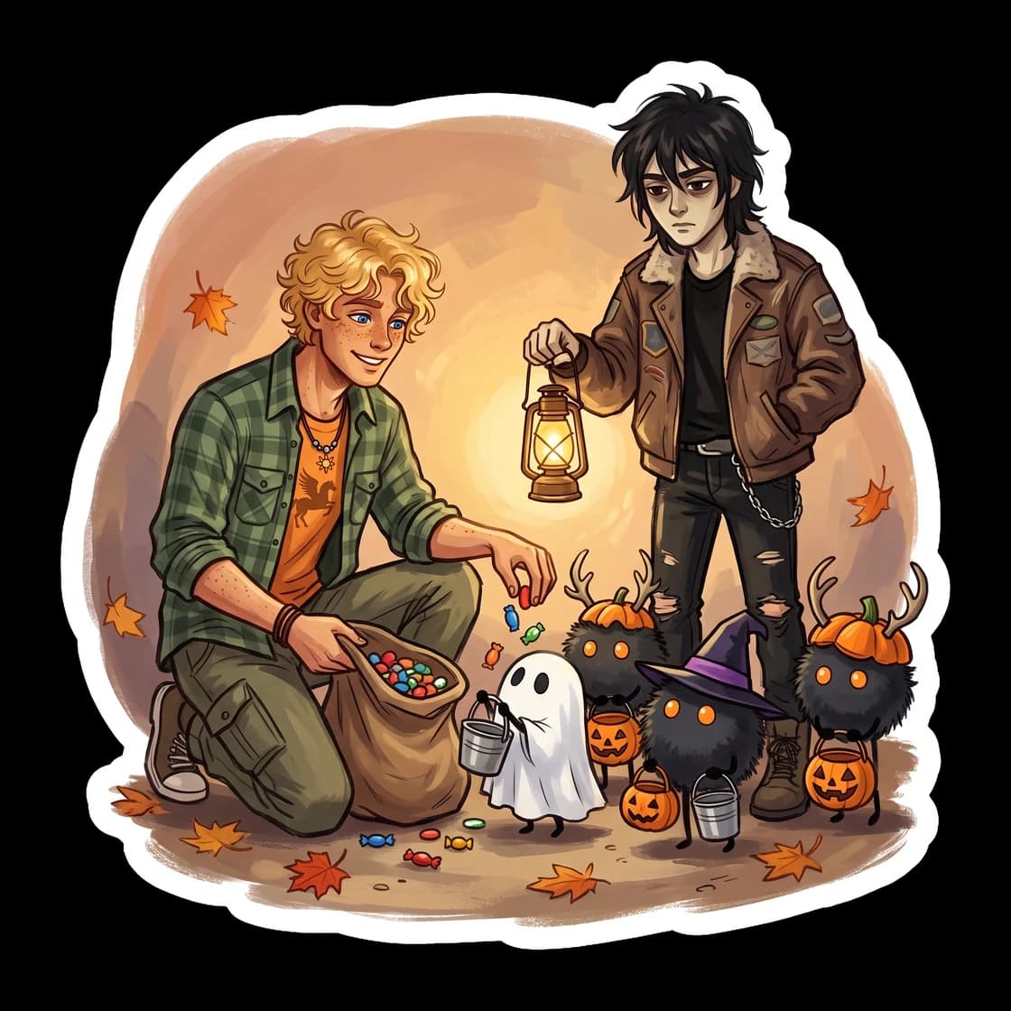 Nico and Will take their adopted cacodemon Cocoa Puffs out for a night of trick-or-treating around the cabins. The little demon carries a plastic pumpkin bucket while the boys wear their casual camp H