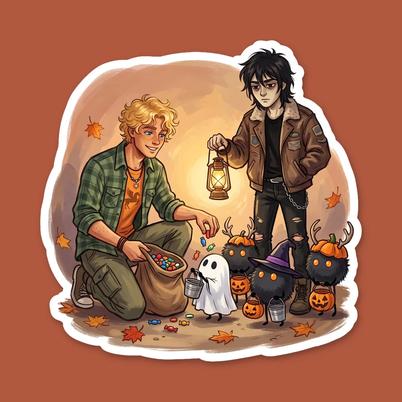 Nico and Will take their adopted cacodemon Cocoa Puffs out for a night of trick-or-treating around the cabins. The little demon carries a plastic pumpkin bucket while the boys wear their casual camp H, view 2