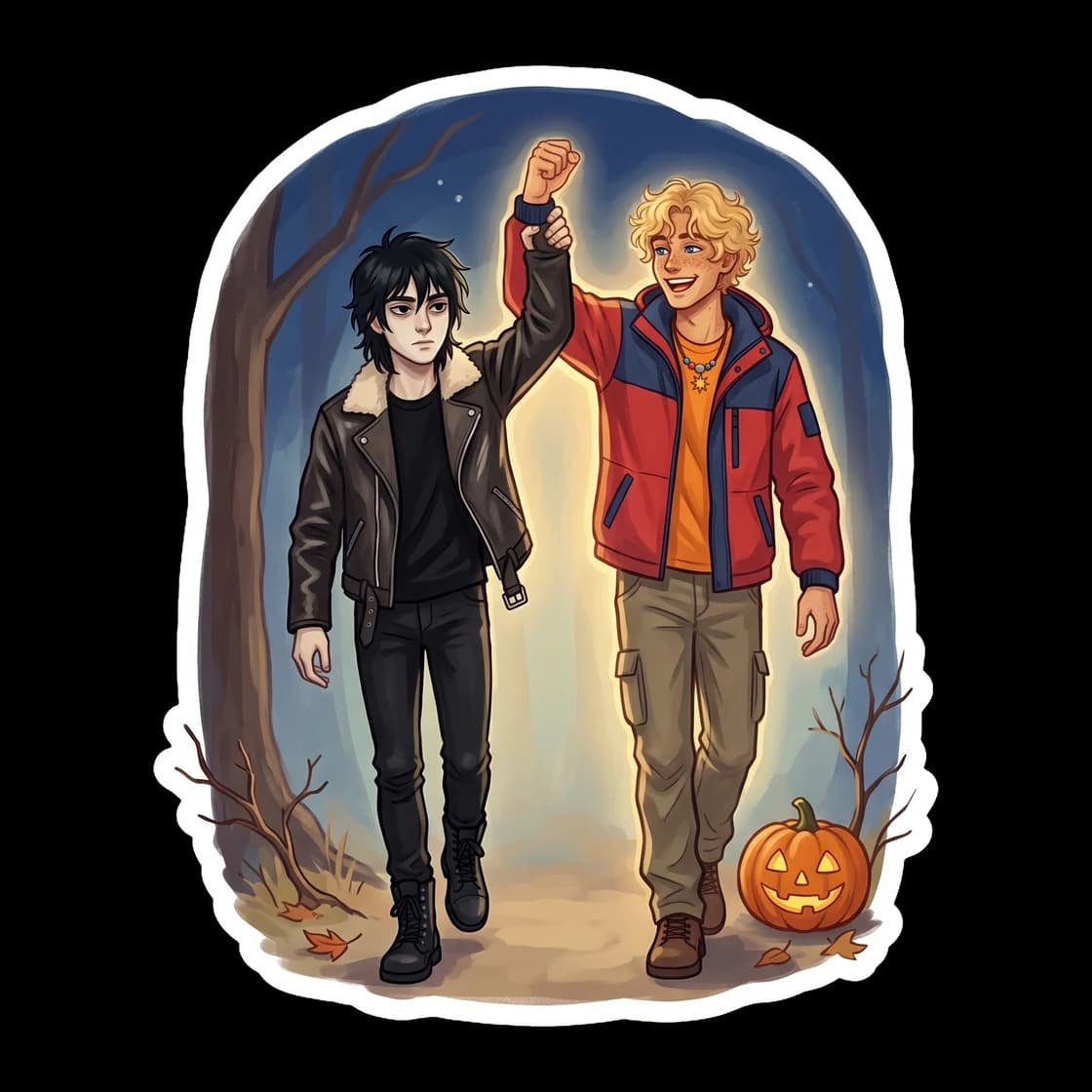Will Solace uses his natural son of Apollo bioluminescence to act as a human lantern during a dark Halloween night walk. Nico looks on with a mixture of fondness and mild embarrassment at his glowing 