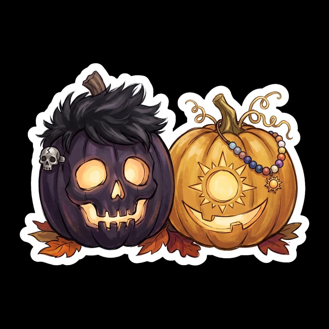 Two carved jack-o-lanterns sit side by side on the porch of the Hades cabin. One features a deeply carved underworld skull design by Nico, while the other shines brightly with a cheerful sun motif car