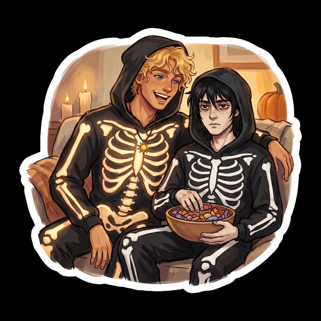 Nico and Will wear matching skeleton onesies for Halloween, but Will's natural solar glow makes his skeleton print shine brightly in the dark. Nico holds his hand, perfectly content with his glowing b