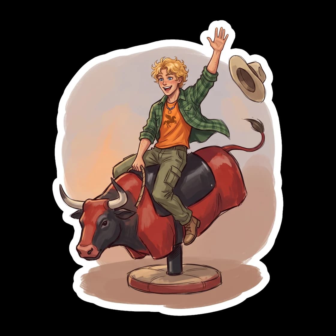 Will Solace holds on tight as he rides a mechanical bull, his blonde hair flying and a massive grin on his face. He is determined to beat his previous time, showing off his natural athletic balance an