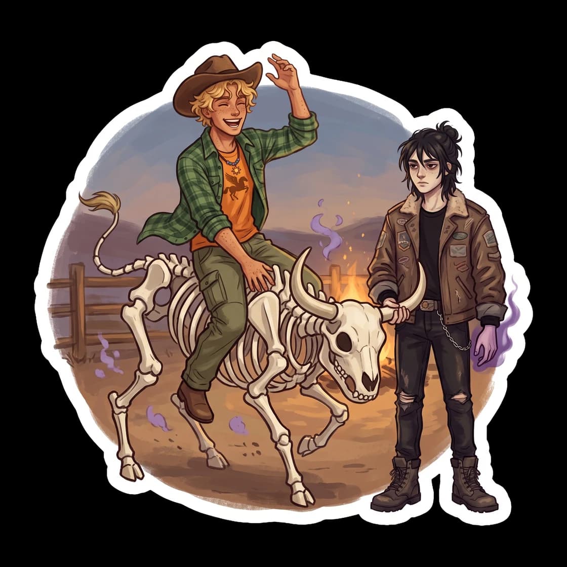 Instead of a standard mechanical bull, Will rides an actual skeletal bull summoned directly from the underworld by Nico. Will cheers with his cowboy hat raised, while Nico watches from the fence, maki