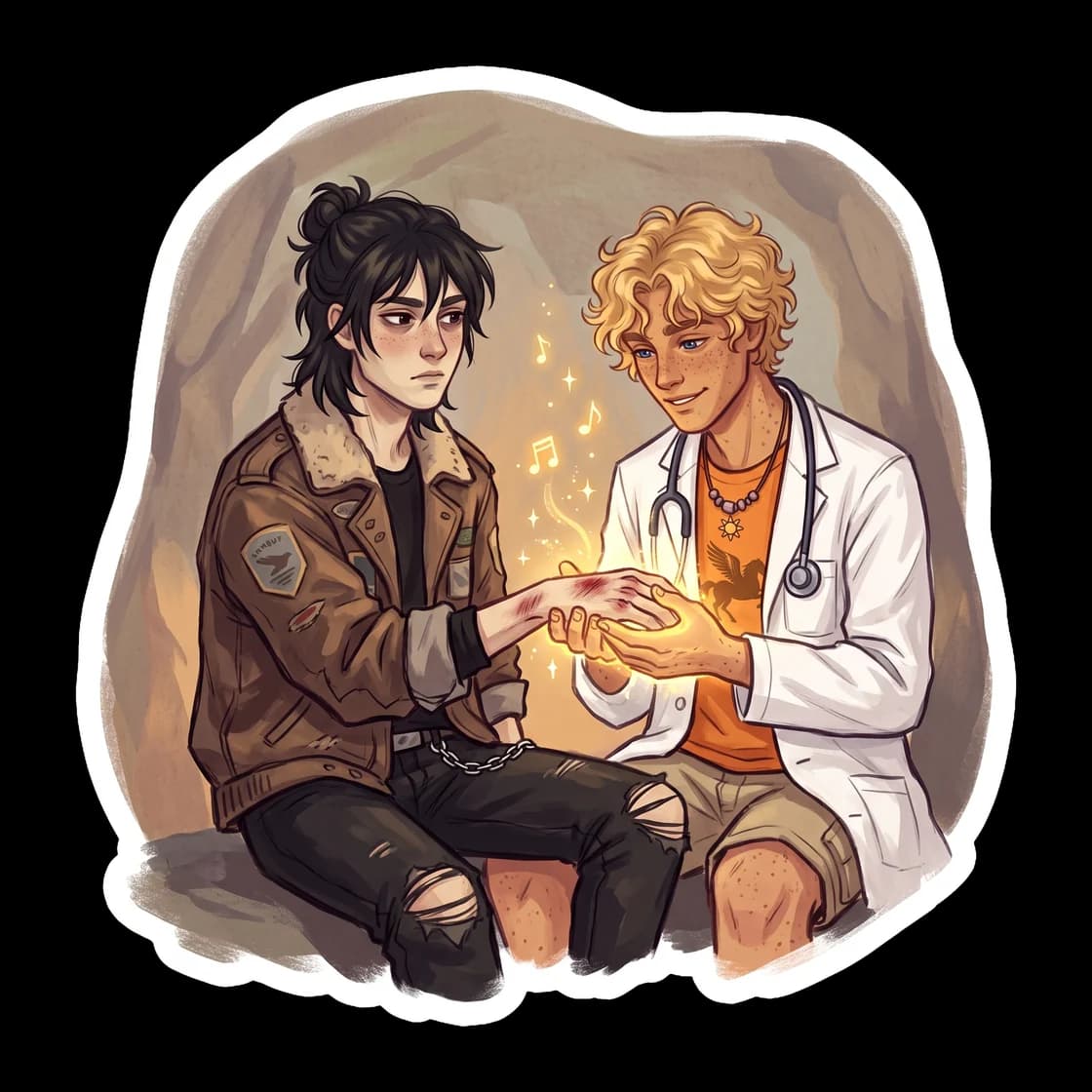 Will gently bandages a scrape on Nico's arm in the camp infirmary. Nico looks away with a slight blush while the son of Apollo chides him about doctor's orders, capturing the quiet affection that grew