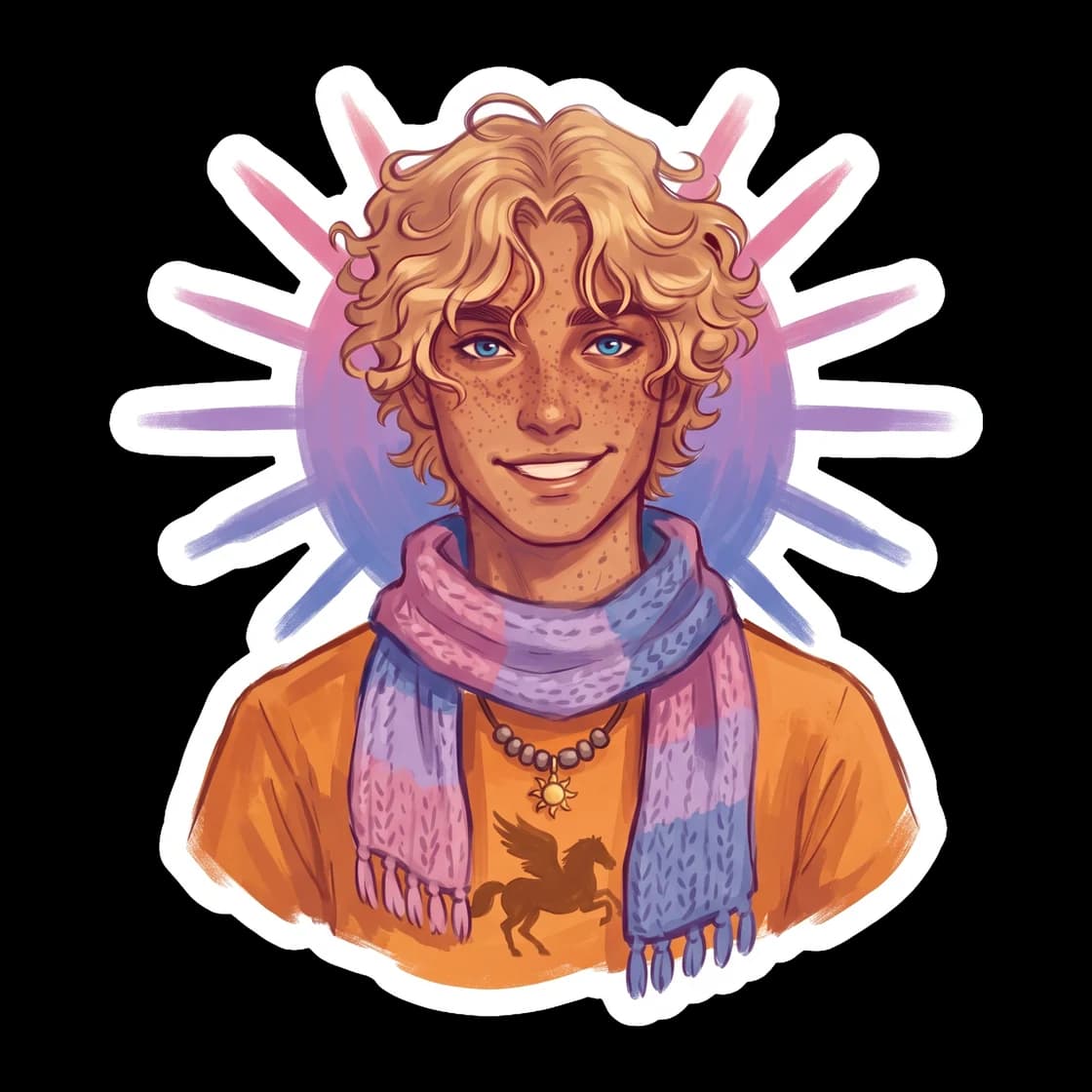 Will stands brightly with a bisexual pride flag draped over his shoulders like a cape. His golden hair catches the sunlight, celebrating his identity and his cheerful spirit as camp's favorite radiant