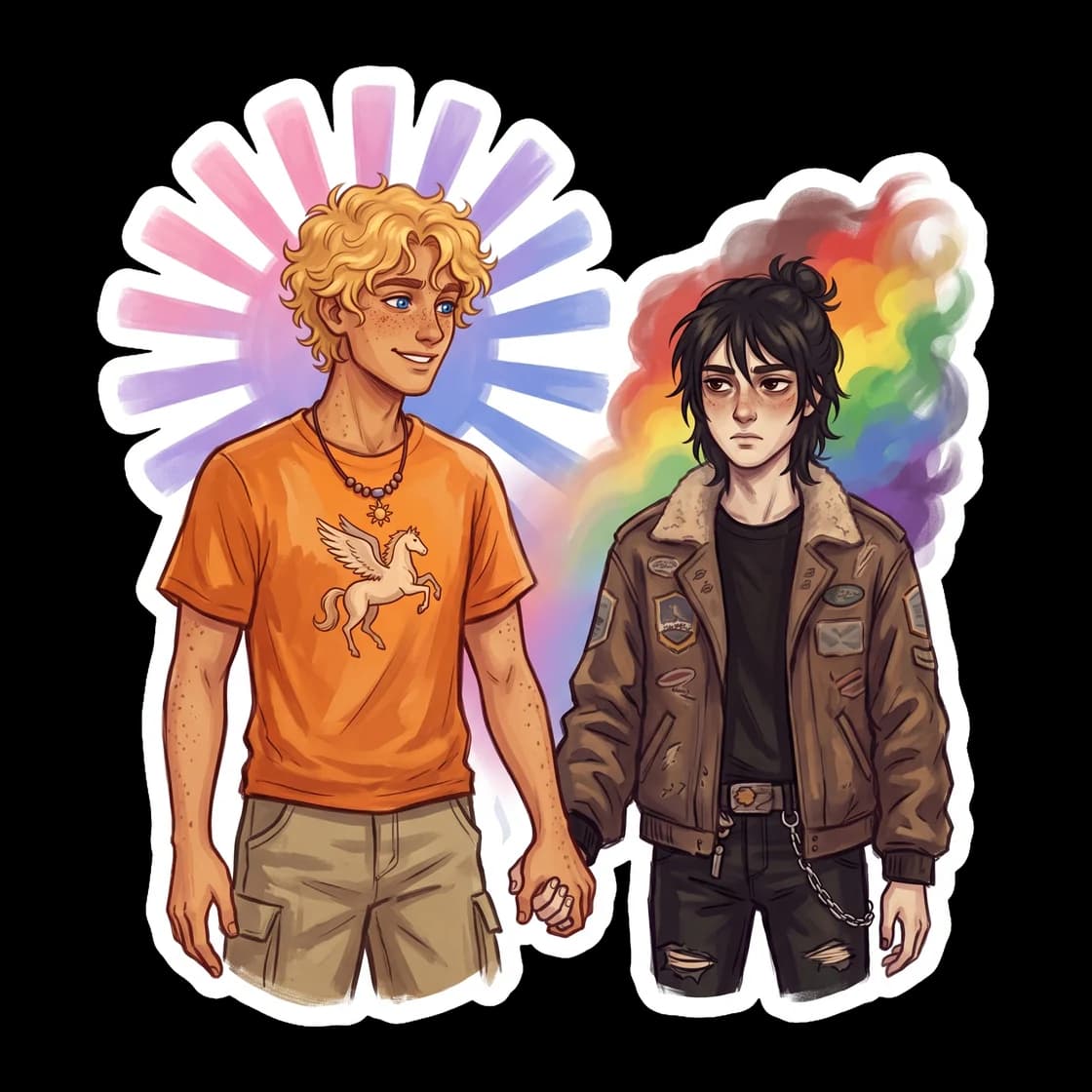 Will and Nico hold hands, walking together with their respective pride colors woven into their camp necklaces. The contrast between the child of light and the child of shadows highlights their perfect