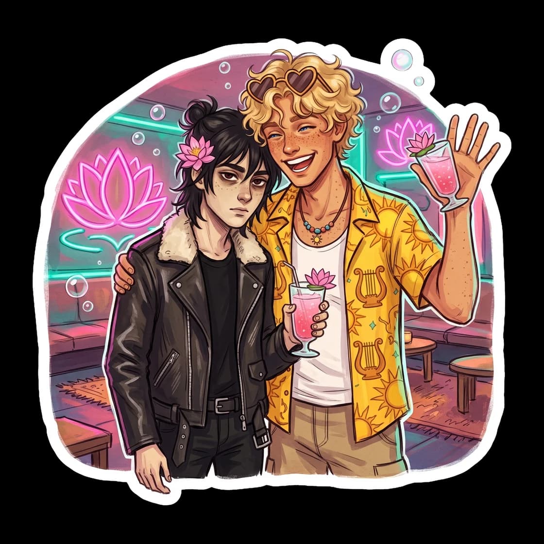 Will and Nico share a quiet moment under the humming neon signs of the Lotus Casino. Will rests a steady hand on Nico as they navigate the bright lights, claiming a new memory in a place that once hel
