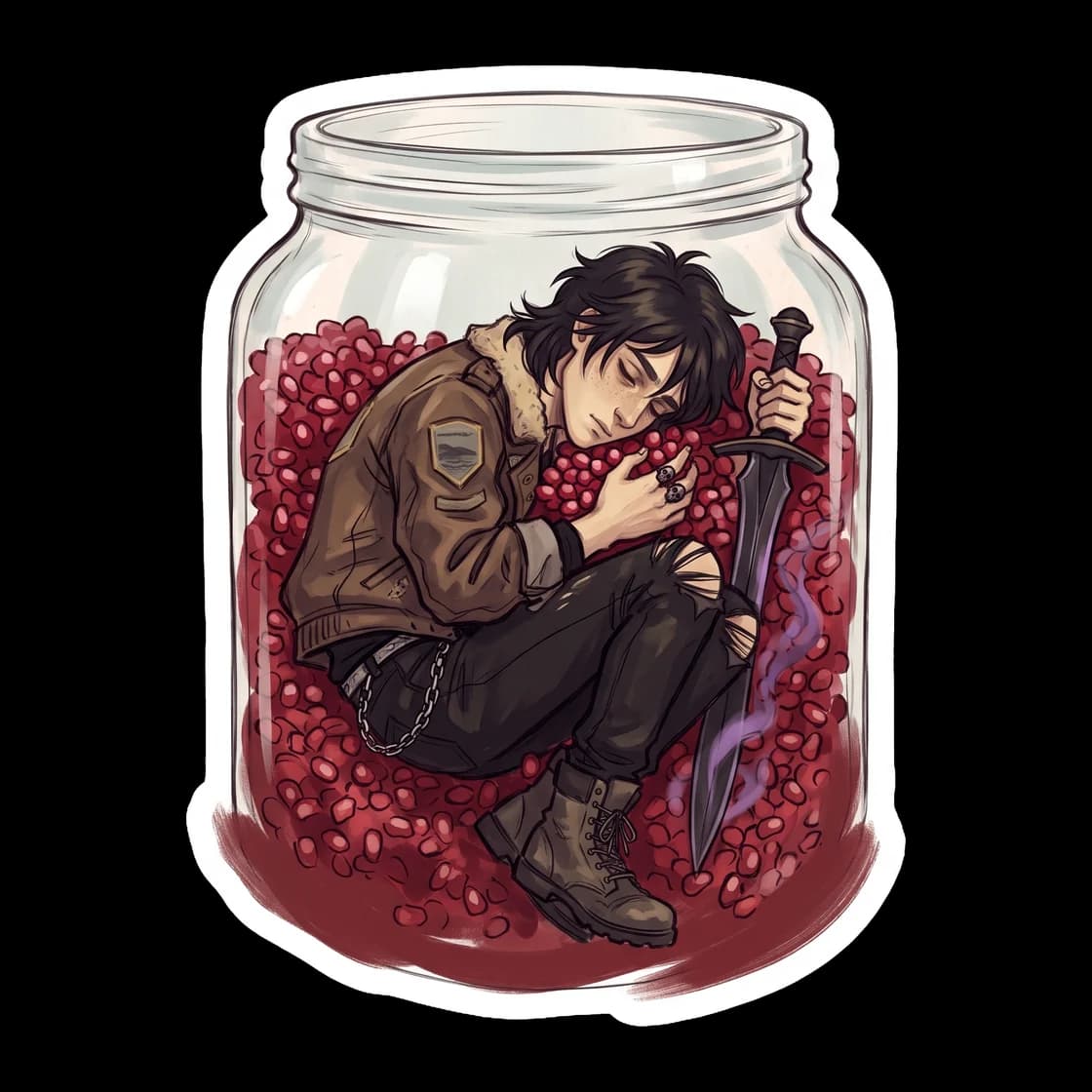 Nico curled up defensively in the dark bronze jar, clutching his knees in a moment of quiet endurance. A somber piece reflecting his time captive in the twin giants lair, holding onto the faint hope o