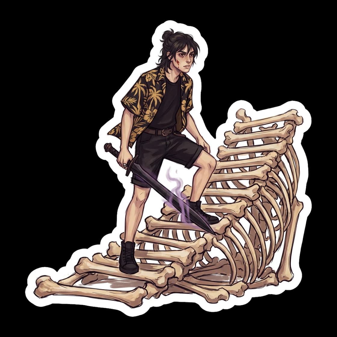 Nico stands his ground on a terrifying ramp of bones deep within the underworld, his stygian iron sword drawn. The dark hues of the abyss frame his fierce determination to protect the ones he loves.