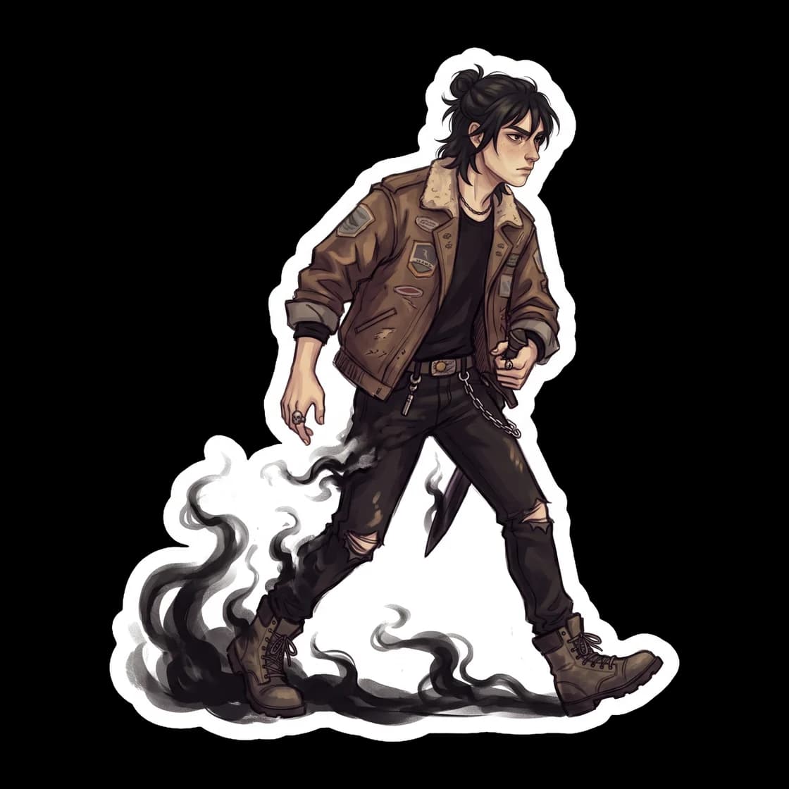 Nico dissolving into the shadows, his edges blurring into black smoke as he steps between realms. The dark shading creates a dramatic contrast with the pale skin of his face and hands as he slips away