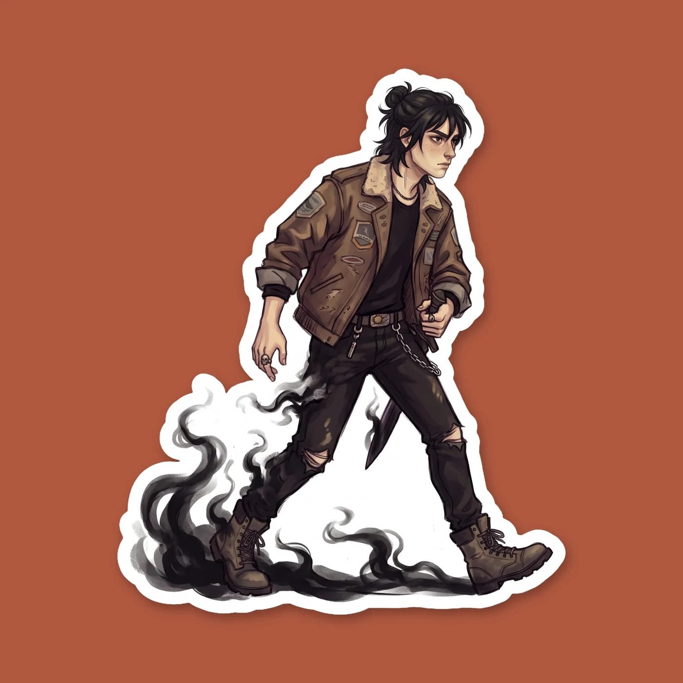 Nico dissolving into the shadows, his edges blurring into black smoke as he steps between realms. The dark shading creates a dramatic contrast with the pale skin of his face and hands as he slips away, view 2