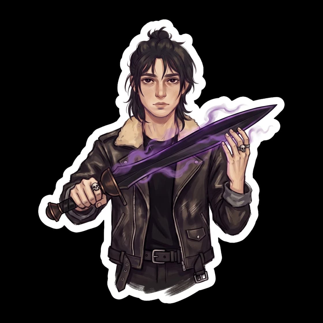 Nico holds his dark stygian iron sword, its cursed metal literally draining the ambient light from the air. The design highlights the glowing purple aura and eerie shadows that follow this iconic unde