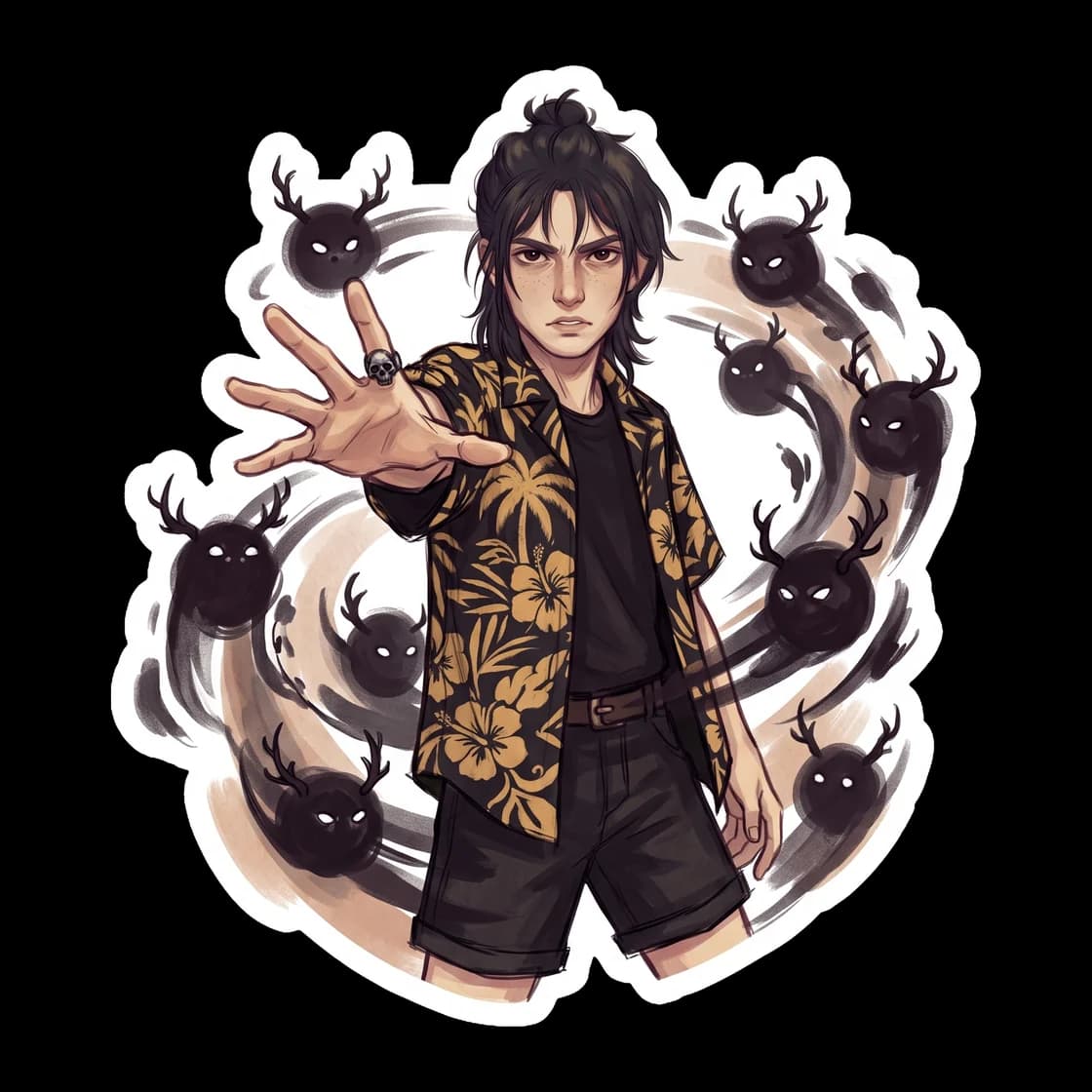 A swarm of surprisingly adorable cacodemons surrounds Nico, including the famously named little demon. The contrast between the gloomy son of Hades and his round, chaotic companions makes this design 