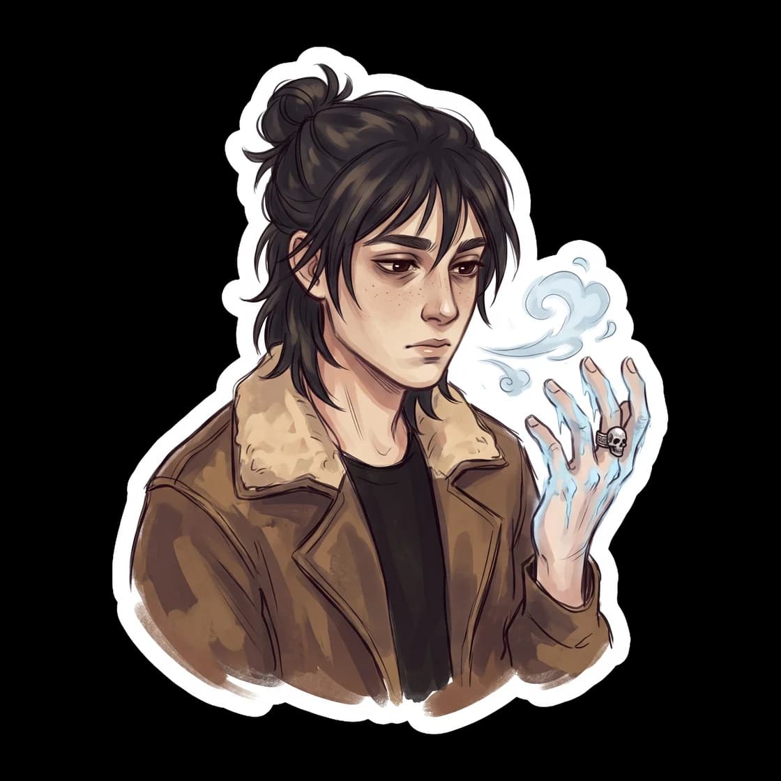 Frost creeps outward from Nico as his emotions trigger his chilling underworld powers. The design captures the delicate ice crystals forming around his hands, a physical manifestation of his sorrow an