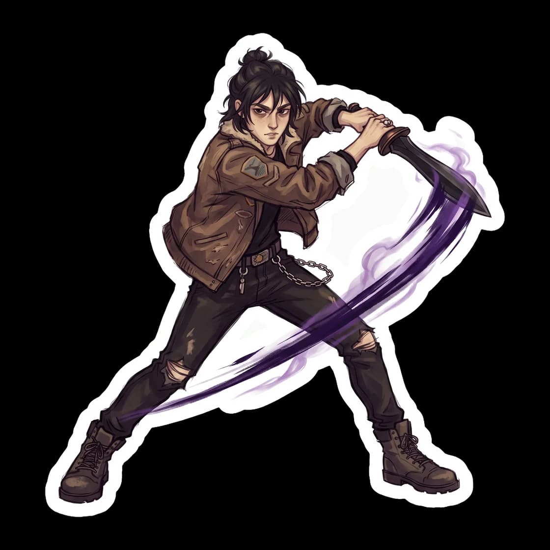 Nico executes a calculated sweep with his stygian iron blade, leaving a trail of dark, inky shadow in the air. The dynamic action pose illustrates his rigorous training and lethal efficiency in close 