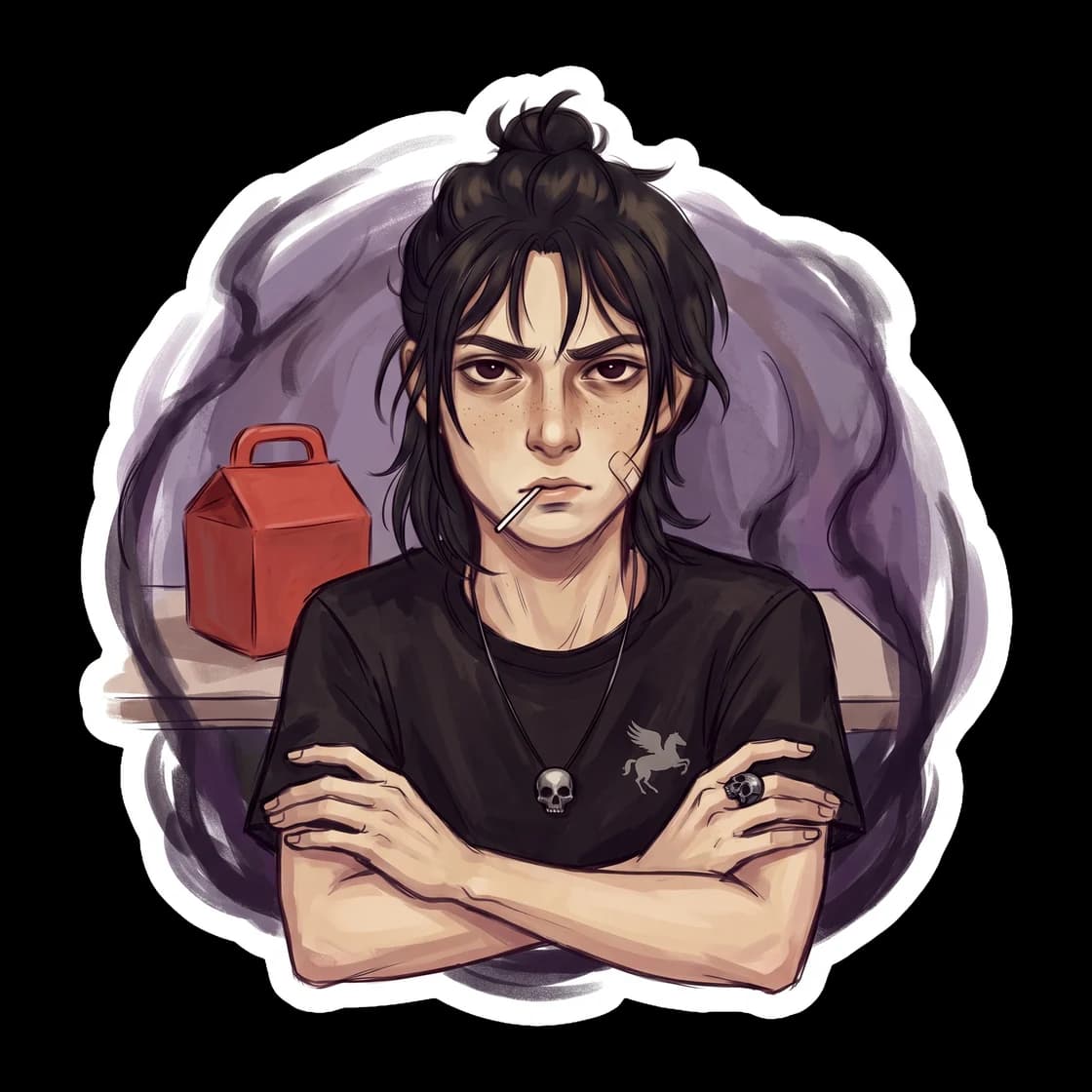Nico stands with his hands shoved deep into the pockets of his aviator jacket. He wears his signature skull t-shirt and a dark scowl suited for the ghost king.
