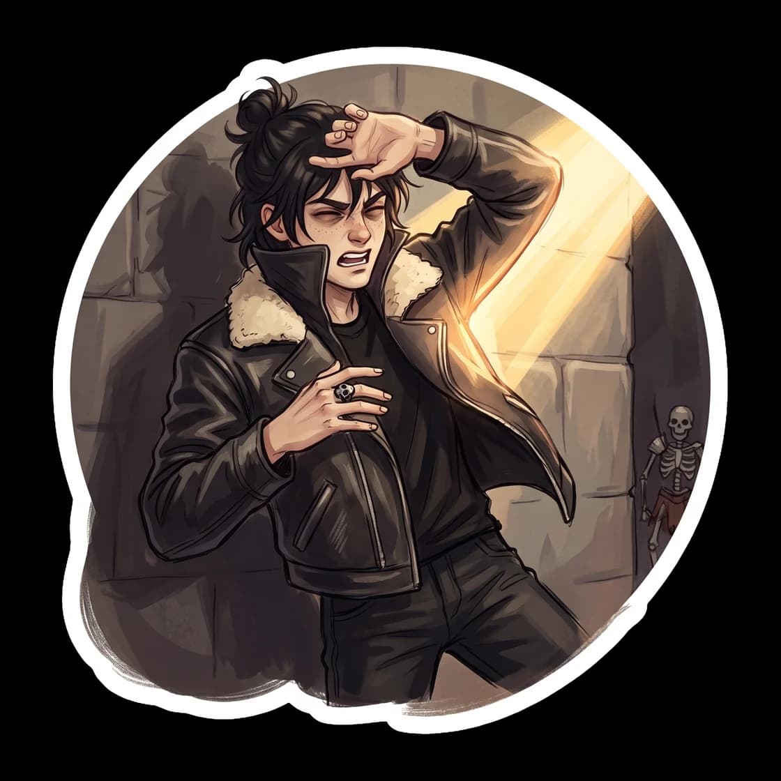 Nico pulling his oversized aviator jacket over his head to block out the morning sun, hissing like a vampire at the brightness. A fond nod to his nocturnal habits clashing with the bright summer camp 
