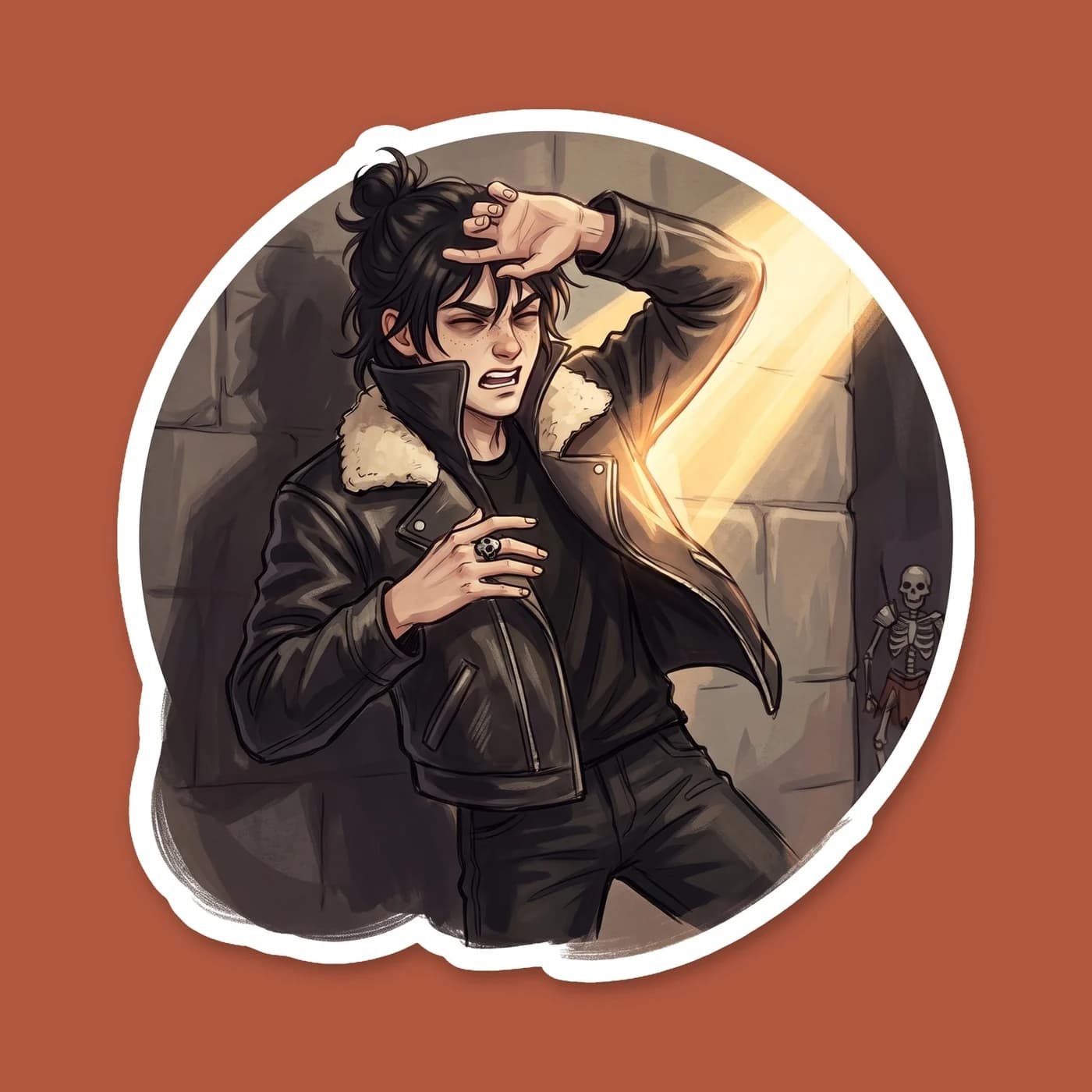 Nico pulling his oversized aviator jacket over his head to block out the morning sun, hissing like a vampire at the brightness. A fond nod to his nocturnal habits clashing with the bright summer camp , view 2
