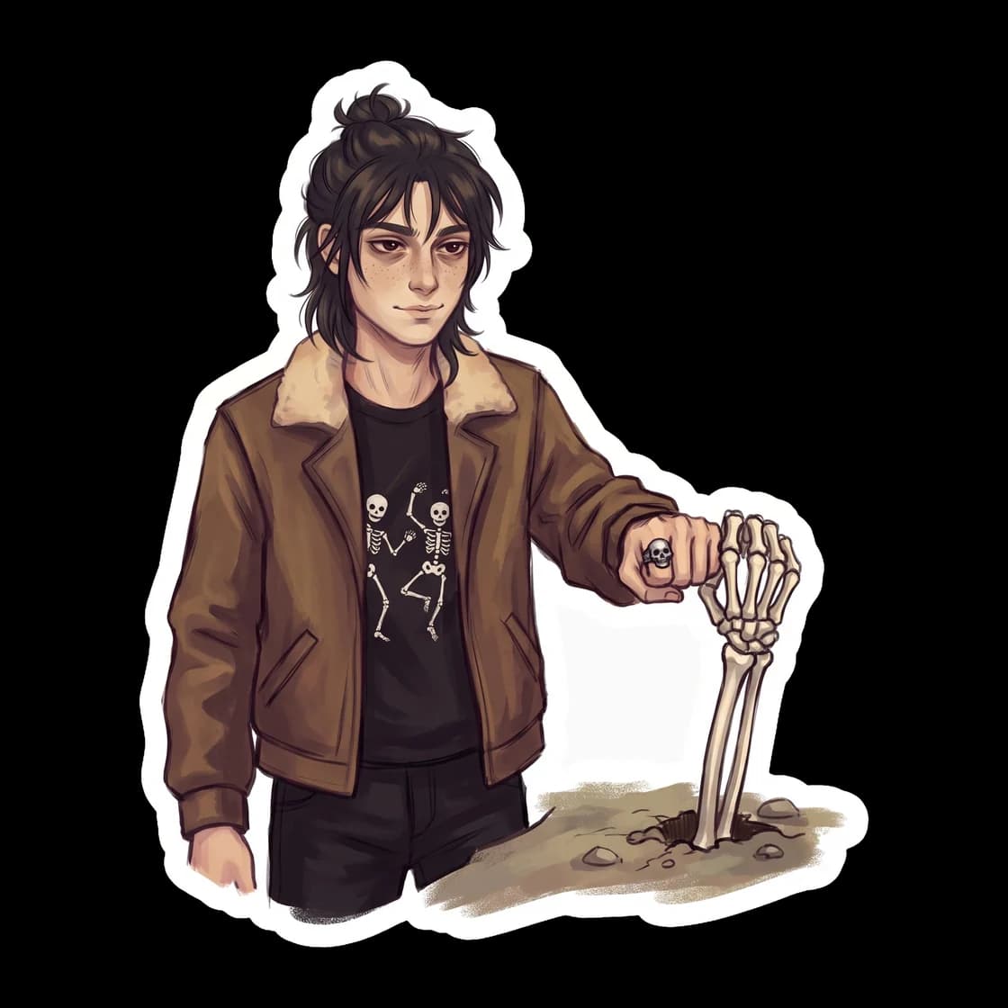 Nico leaning casually against a summoned skeleton warrior, giving it a calm fist bump after a successful battle. The skeletal soldier wears a battered ancient helmet, proving that even the dead apprec