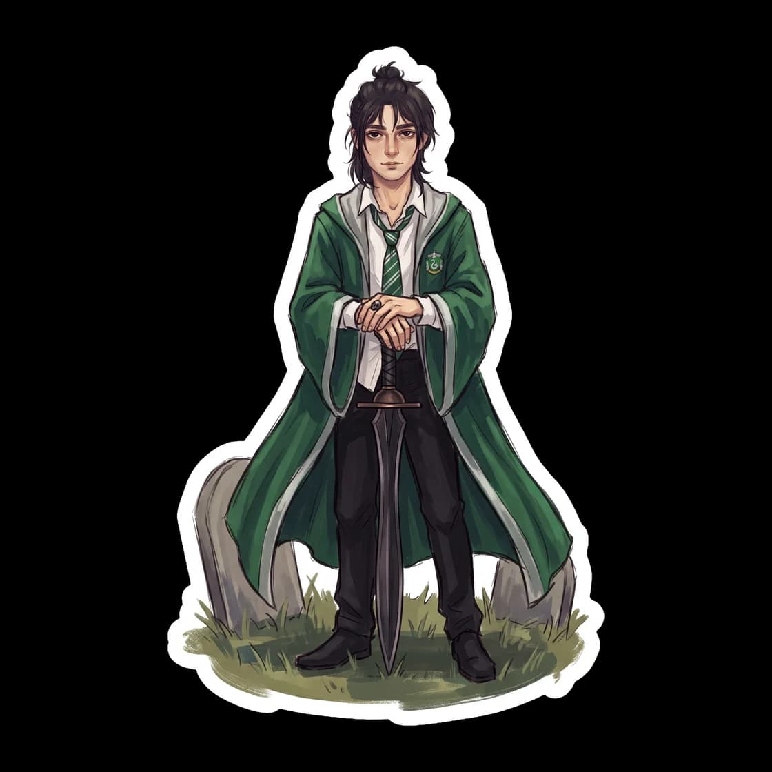 Nico wears a green and silver striped scarf over his usual dark clothes, looking like an exchange student at a magical boarding school. He carries a stack of ancient, dusty textbooks.
