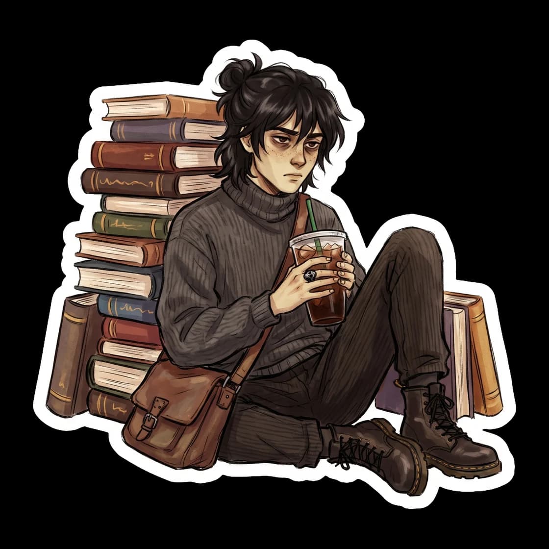 Nico di Angelo survives midterms as a mythology major, surrounded by towering stacks of books, a scattered deck of Mythomagic cards, and a half-empty mug of coffee. A fitting companion for students ch