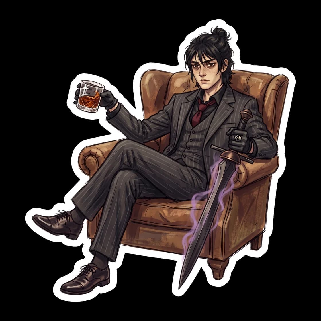 A shadowy alternate universe design featuring Nico di Angelo as a sharp-suited underworld syndicate boss. He wears a tailored black pinstripe suit, holding a silver skull cane with a steady, calculati