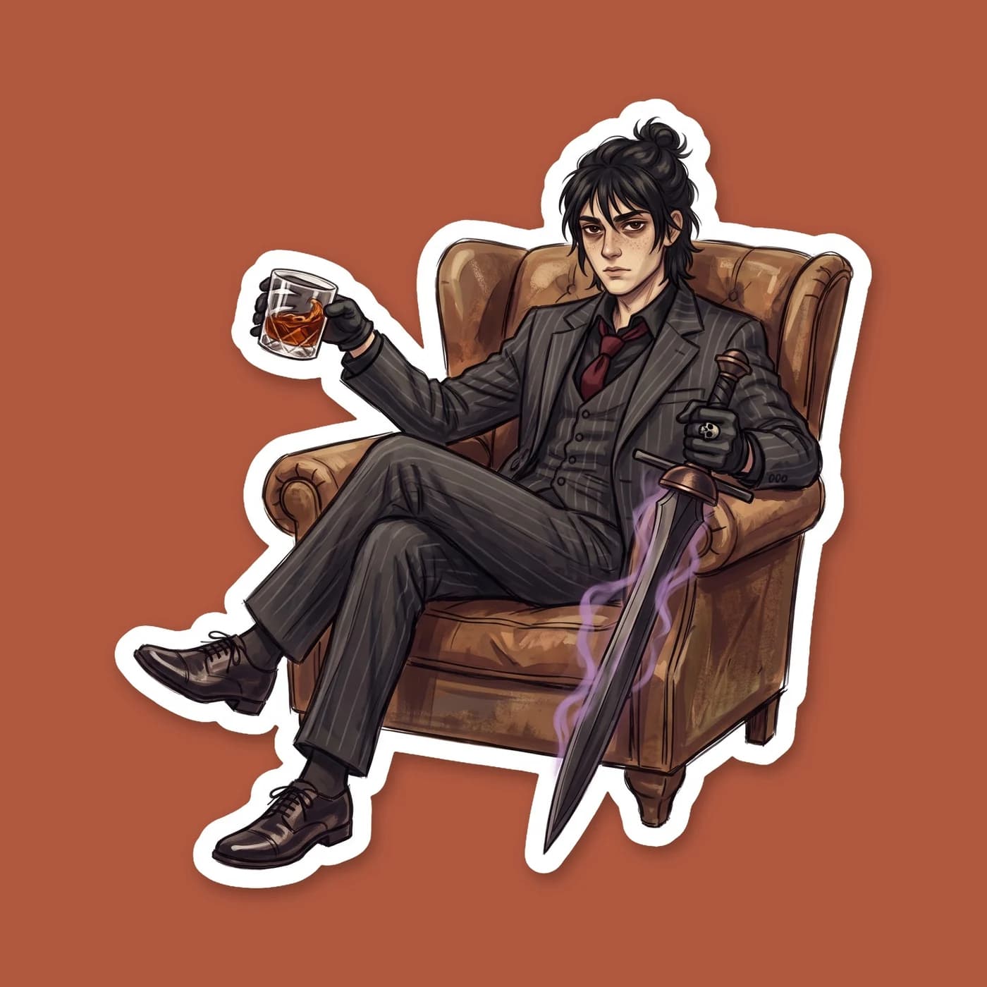 A shadowy alternate universe design featuring Nico di Angelo as a sharp-suited underworld syndicate boss. He wears a tailored black pinstripe suit, holding a silver skull cane with a steady, calculati, view 2