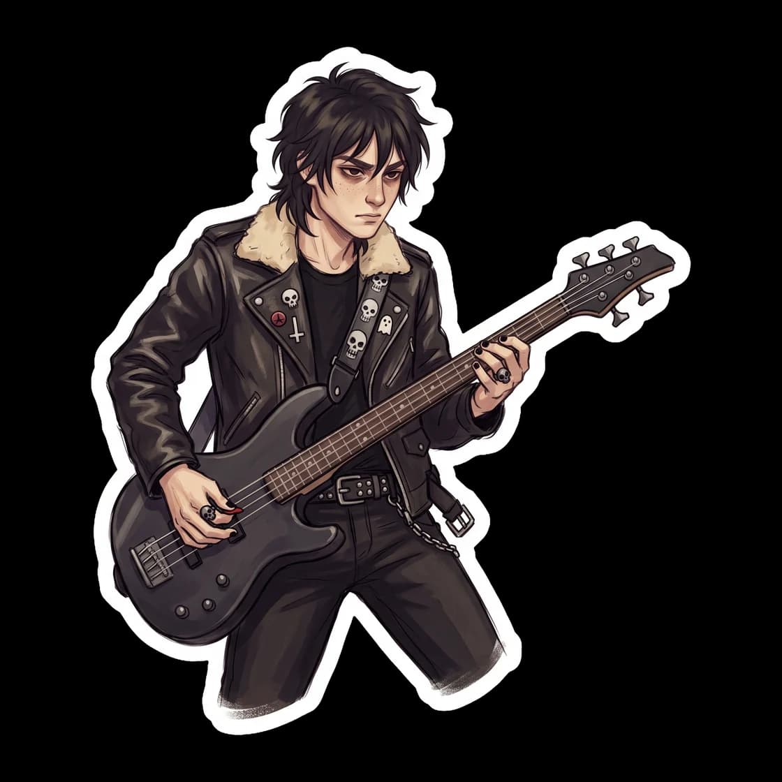 Nico plays a dark bass guitar covered in skull stickers. He wears a worn band tee and combat boots, deeply focused on the heavy rhythm section of the demigod garage band.