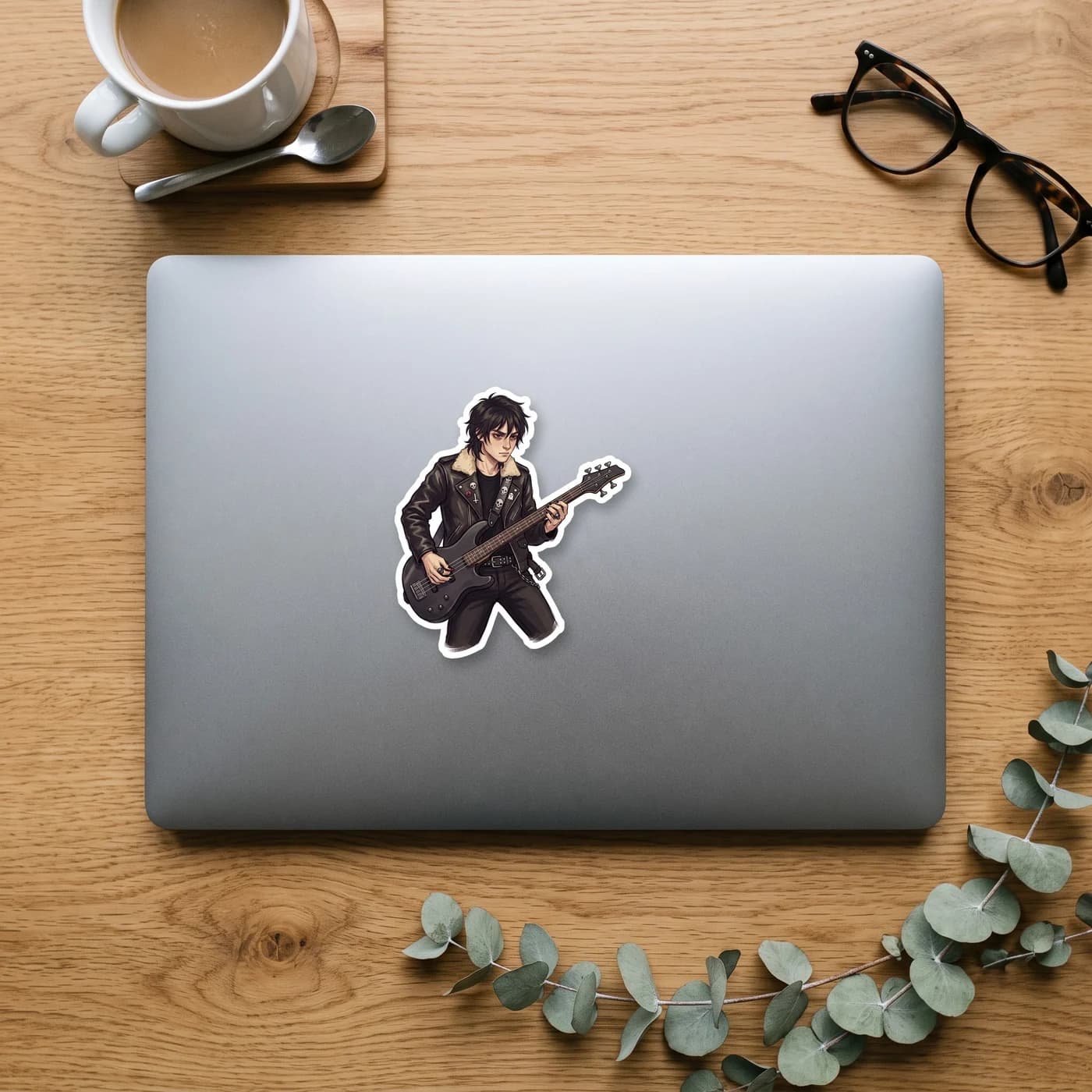 Nico plays a dark bass guitar covered in skull stickers. He wears a worn band tee and combat boots, deeply focused on the heavy rhythm section of the demigod garage band., view 3