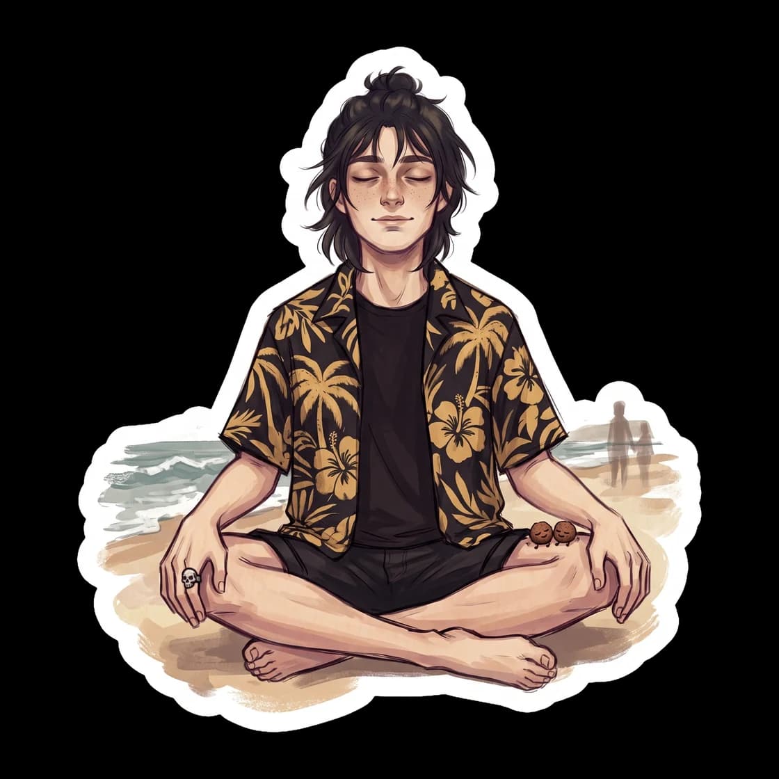 Will Solace guides Nico through a mandatory meditation session on the sandy shores of Long Island Sound. Nico sits cross-legged with one eye open, severely doubting the healing power of fresh air.