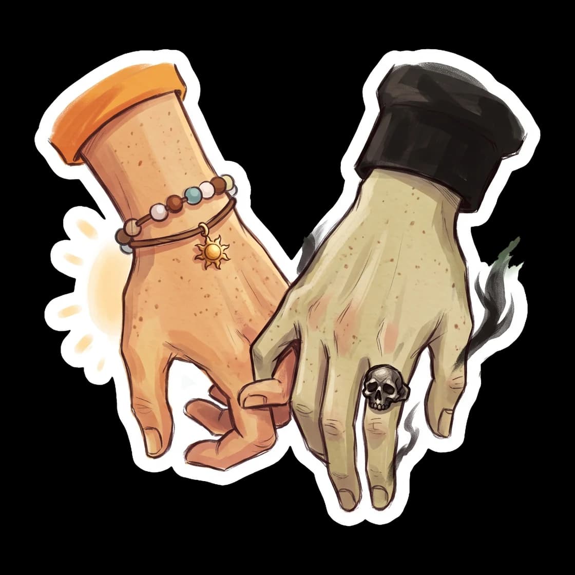 A close-up of Will Solace and Nico di Angelo holding hands, showing the contrast between a glowing, warm hand and a pale, cold one. A subtle and sweet representation of their relationship for your fav