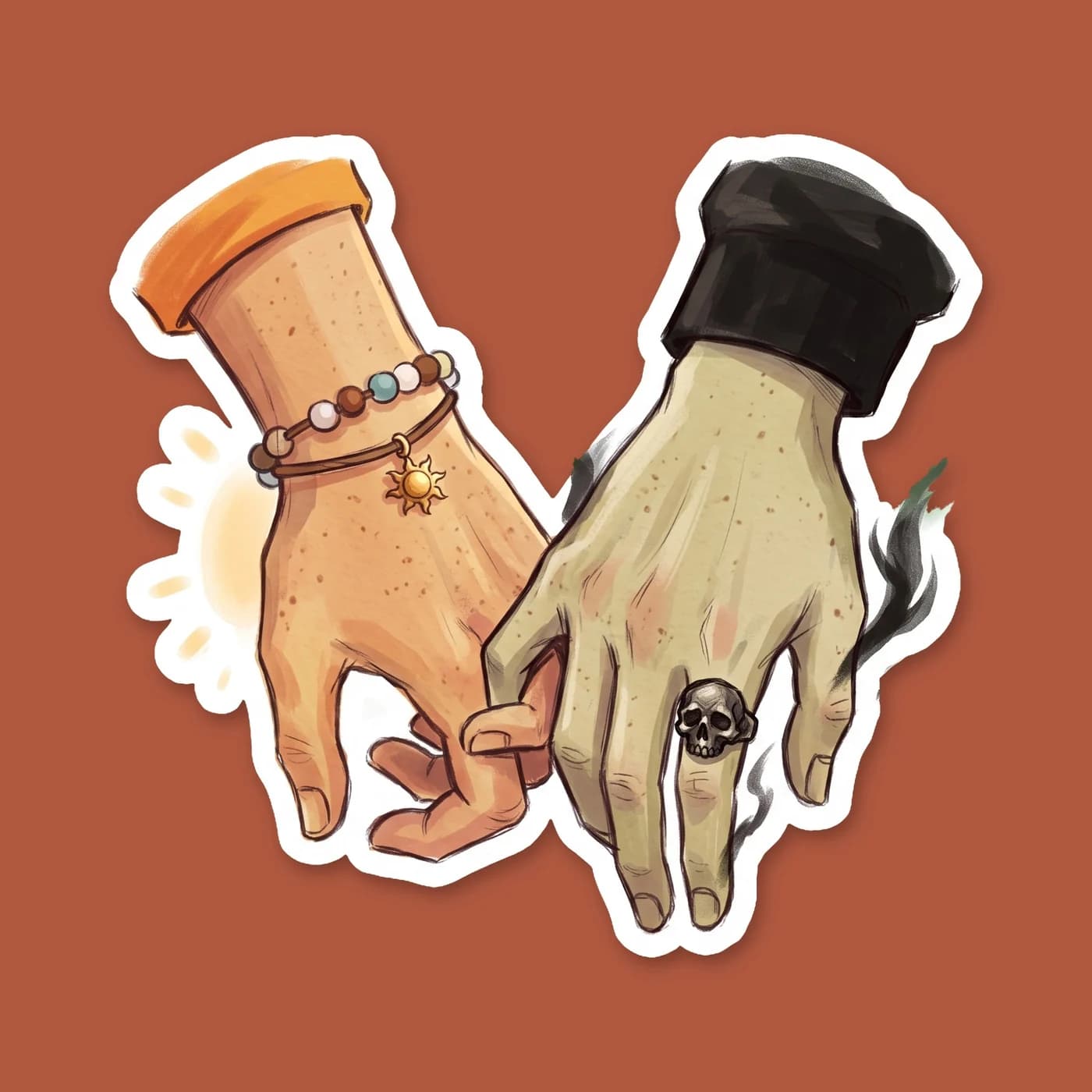 A close-up of Will Solace and Nico di Angelo holding hands, showing the contrast between a glowing, warm hand and a pale, cold one. A subtle and sweet representation of their relationship for your fav, view 2