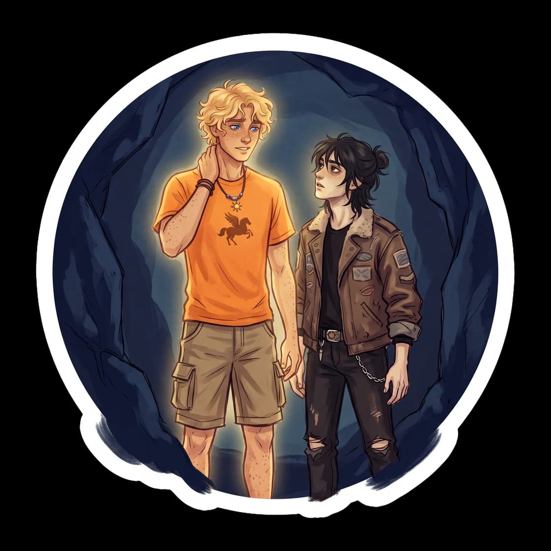 Will acts as a literal nightlight for Nico as they navigate through a pitch-black cavern. The soft golden glow illuminates their faces, showing a quiet moment of comfort and reliance during their trea