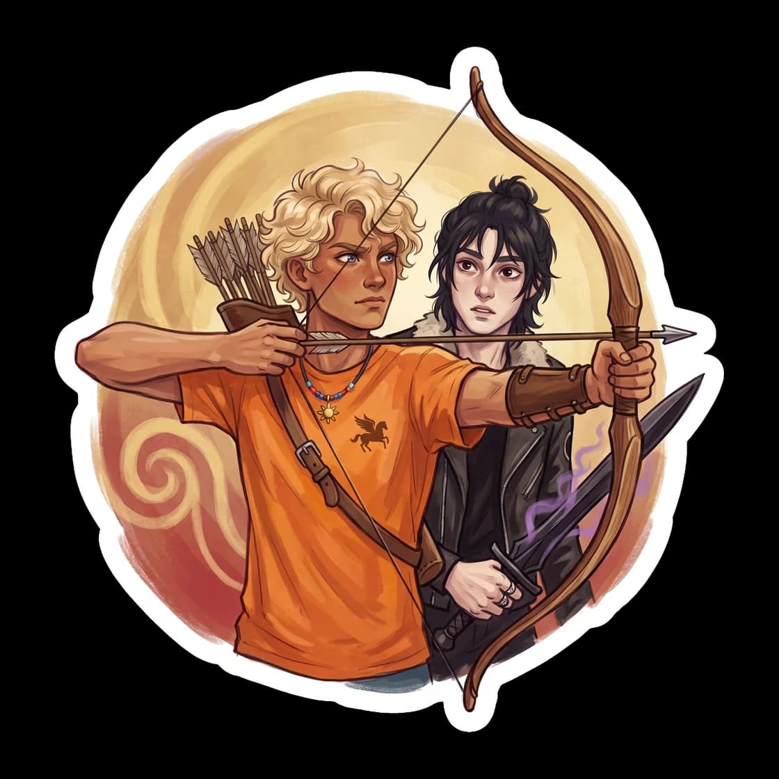 Will stands fiercely defensive in front of Nico, proving that even healers have a breaking point. This design captures his protective stance and the sudden burst of solar energy that appears when some
