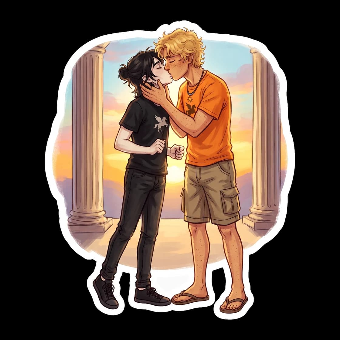 Nico and Will sharing a quiet kiss at the dining pavilion, ignoring the messy plates of camp food and goblets around them. The design highlights the cozy, everyday moments of camp life for this belove