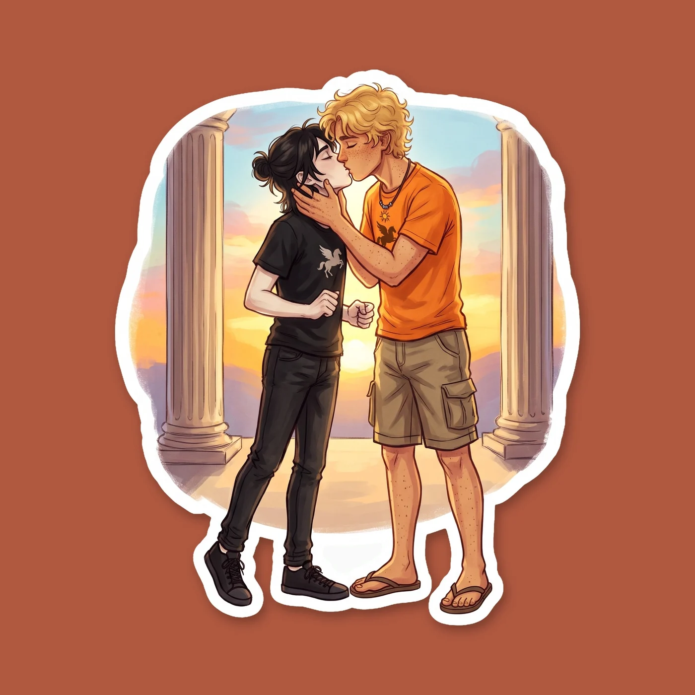 Nico and Will sharing a quiet kiss at the dining pavilion, ignoring the messy plates of camp food and goblets around them. The design highlights the cozy, everyday moments of camp life for this belove, view 2