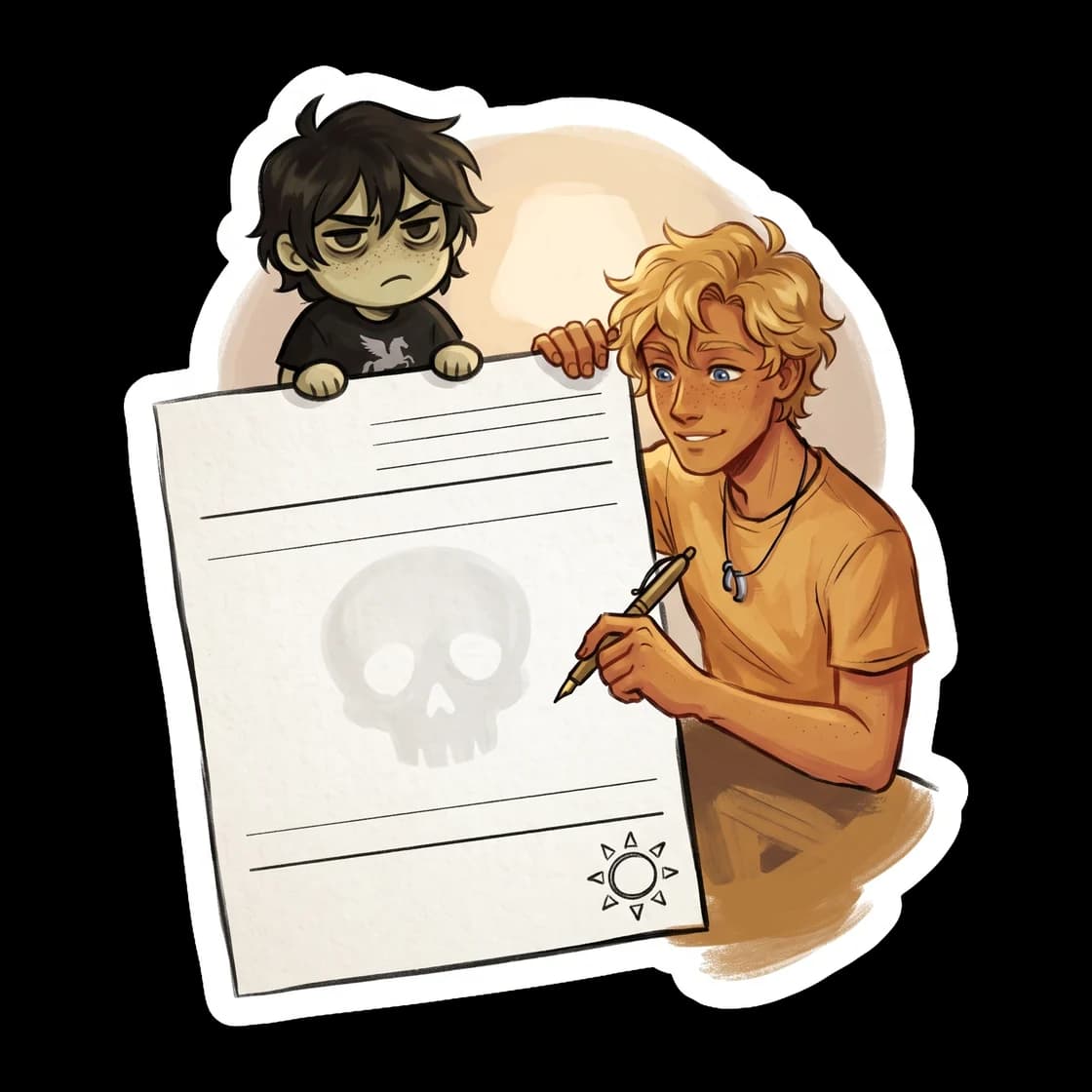 A stern but fond Will holds a glowing medical clipboard with a strict order of three days rest in the infirmary. The prescription notes are written in neat ancient Greek, specifically addressed to a s