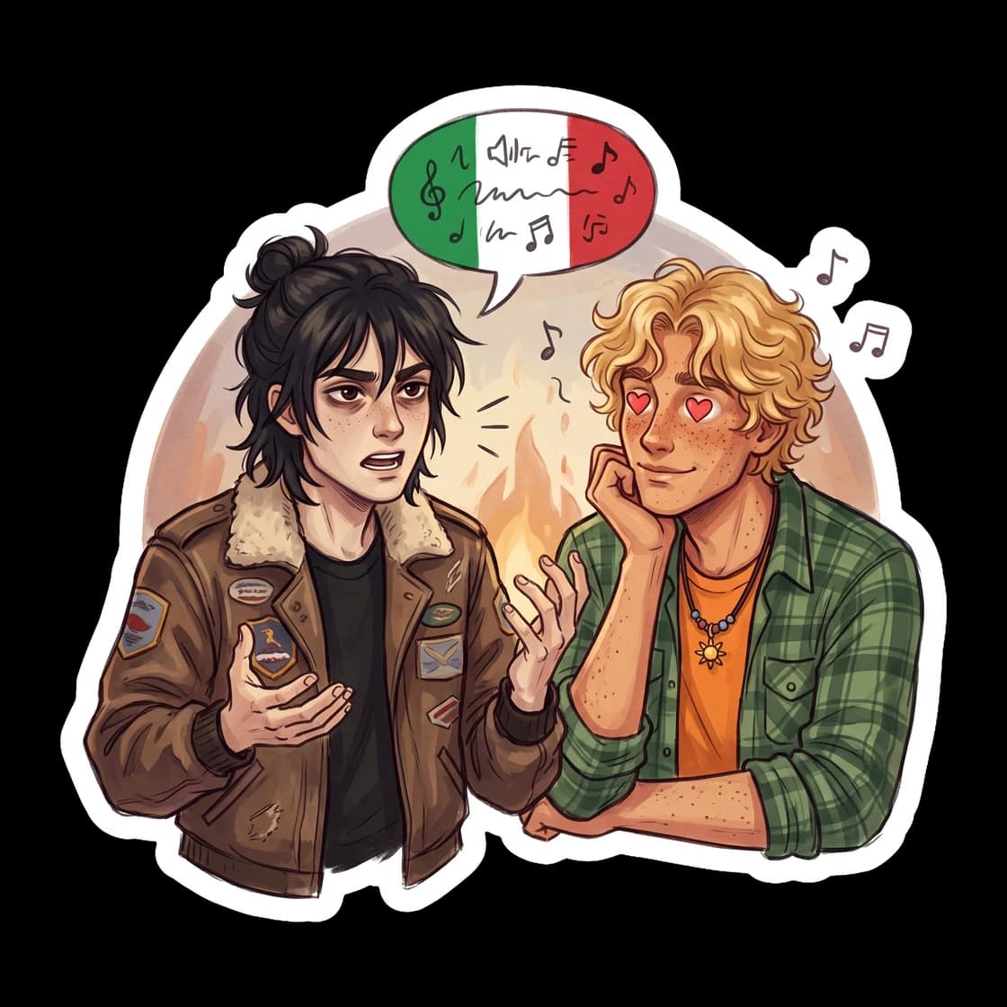 Will guides Nico through the chords on an acoustic guitar, wrapping his warm hands over pale fingers to teach him the language of music. Nico wears a rare, soft expression of focus as a gentle golden 