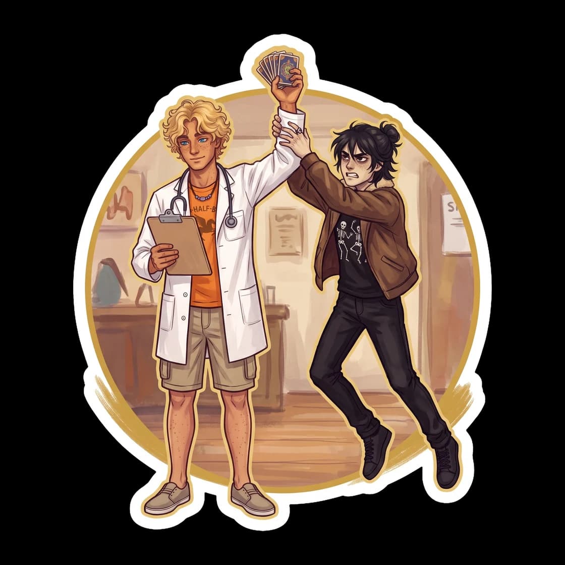 A slightly crumpled Mythomagic card box sits wrapped in a sticky note from Will, declaring it temporarily confiscated until Nico gets some sleep. The playful tension between healer and patient is capt