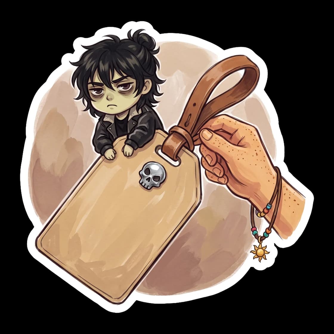 A fictional airline luggage tag warning for high risk shadow travel, complete with a barcode and Hades cabin aesthetic. A subtle nod for fans of the son of Hades who know the toll of moving through th
