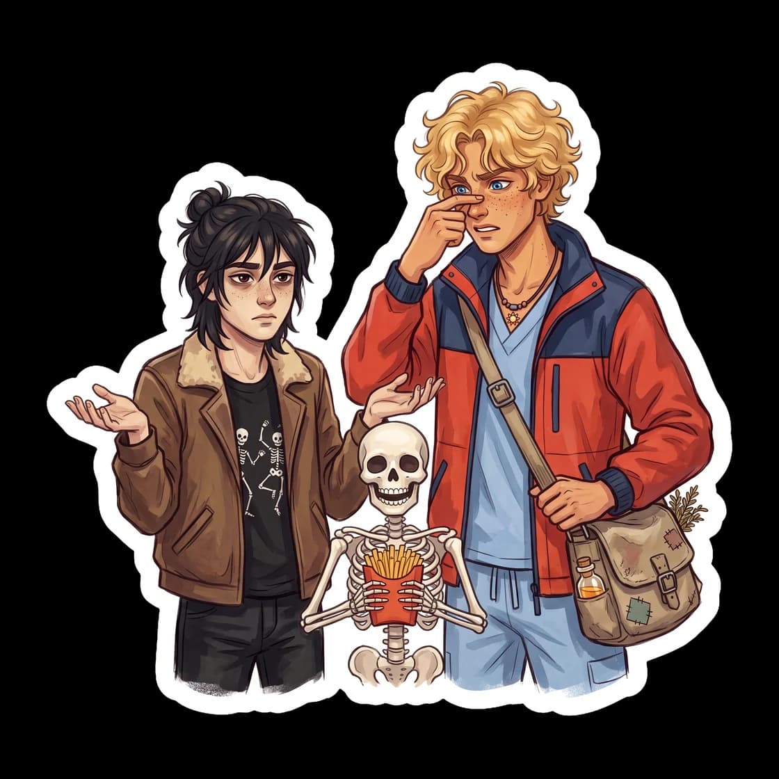 Will looking exasperated while Nico shrugs off a minor graveyard mishap. This piece highlights their opposite personalities and the typical chaos of a date involving the son of Hades.