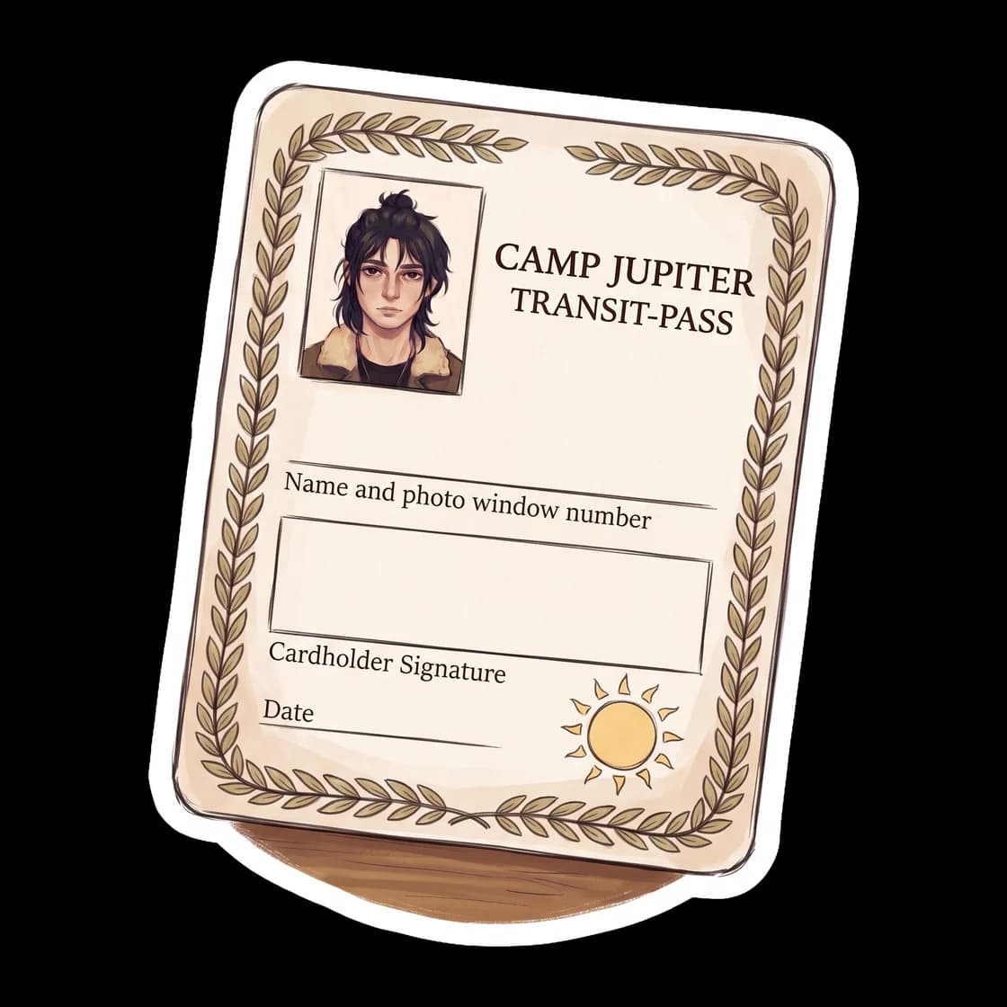 A distressed public transit pass for the New Rome rail system, issued to the ghost king himself. It features Nico's details and faded Roman eagle stamps, perfect for a demigod who prefers the train ov