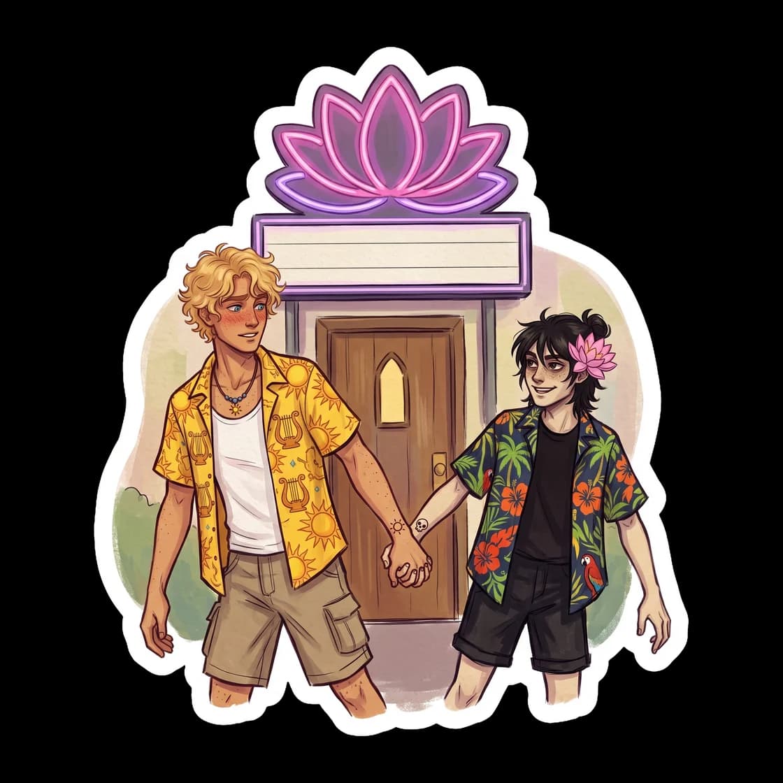 Nico and Will escaping in a retro car against the glowing neon backdrop of a Vegas casino. An alternate universe concept where the sun and star take a well-deserved break from saving the world.