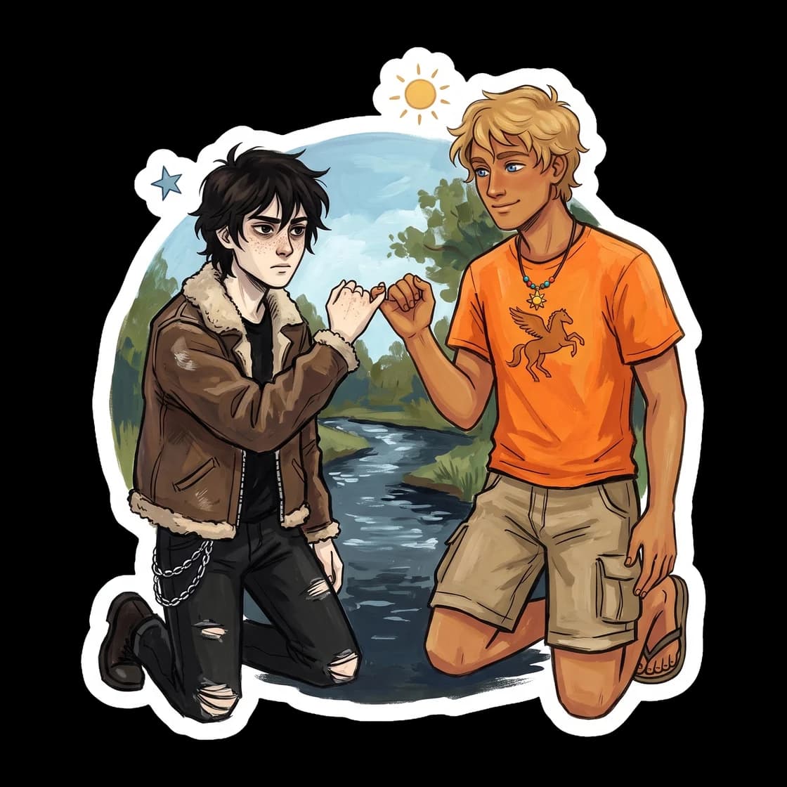 The couple sitting quietly by the canoe lake, finally enjoying a moment of genuine peace without a prophecy looming over them. This piece reflects the rare and quiet joy of just being normal teenagers