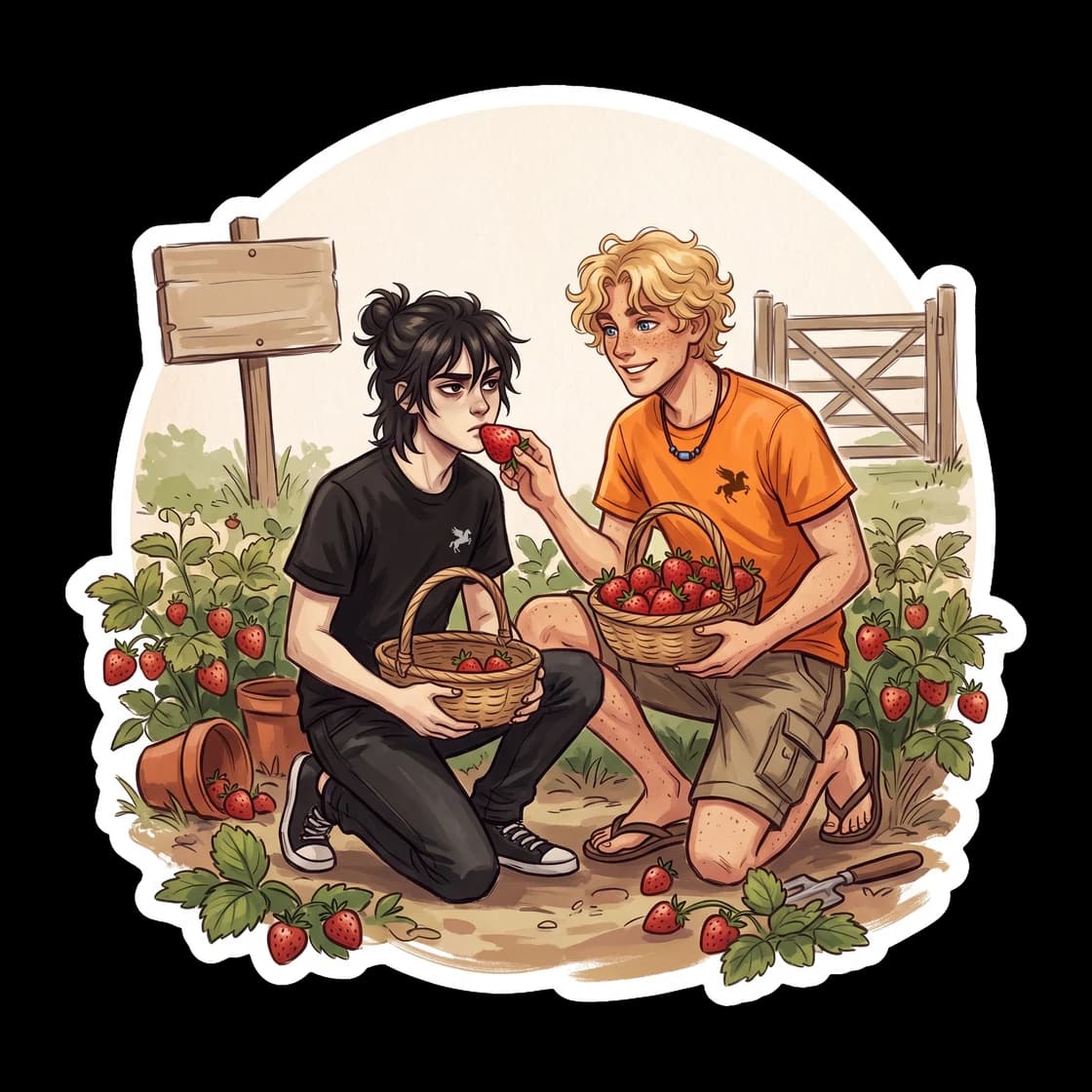 Will and Nico serving out a minor punishment by picking fruit in the camp strawberry fields, hands stained red. A slice of daily camp life showing that even chores are better when they are done togeth