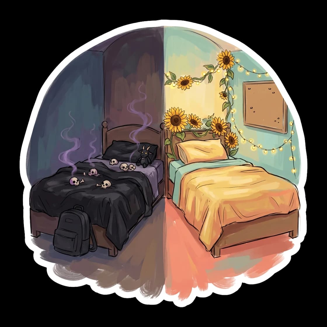 Half dark and moody, half bright and chaotic. This sticker illustrates the dividing line between Nico and Will's sides of the room, blending skull decor with scattered medical textbooks and sunshine. 